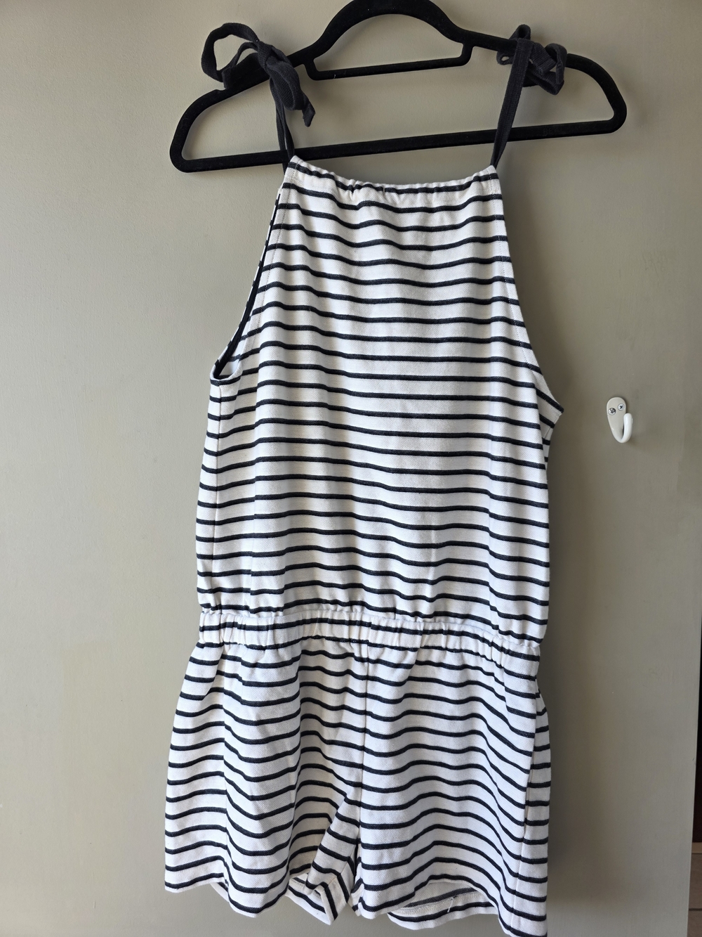 Madewell Black and White Striped Tie-shoulder Romper With Pockets